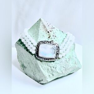 Vintage Sterling Silver Triple-Strand Rainbow Moonstone Cylinder Clasp Bracelet